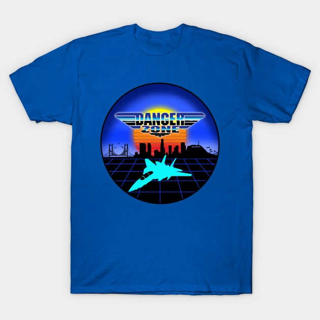 Danger Zone 80s Retro Neon Top Gun Maverick Logo Parody Rooster Sunset Skyline T-Shirt by ArtIzMuzikForTheEyez